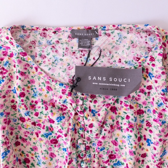 Sans Souci Boho Pink Ditsy Floral Print Balloon Sleeves Crop Top, NWT, Size XS - Picture 3 of 5